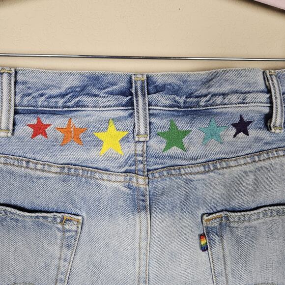 Levis 501 Denim Jean Cutoff Shorts Unisex 42 Frayed Hem Embroidered Pride Stars - Picture 1 of 16